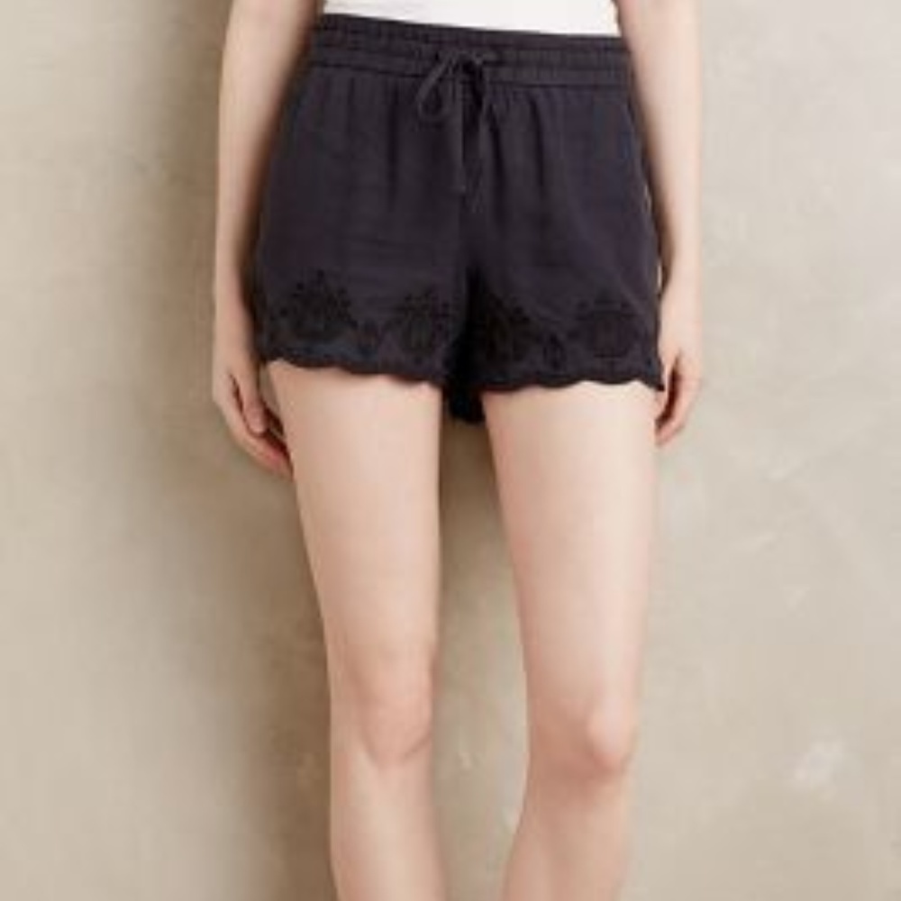 Anthropologie HEI HEI Dark Blue Embroidered Linen Drawstring Waist Shorts